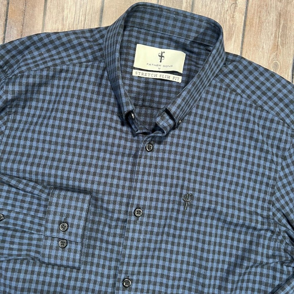 Father Sons Stretch Slim Fit Long Sleeve Button Shirt Medium Mens Blue Plaid